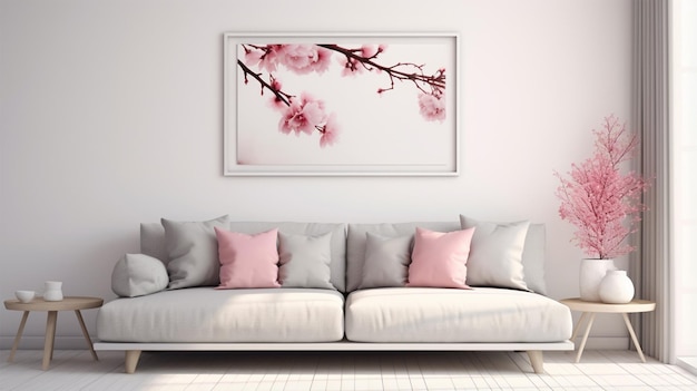 Foto sofa cinza com travesseiros cor-de-rosa e cobertor contra parede branca com cartaz de arte abstrata design interior de sala de estar moderna