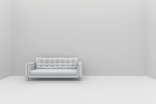 Sofa cinza na sala de estar branca com espaço para cópias