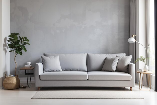 Sofá cinza na sala de estar branca com espaço para cópias