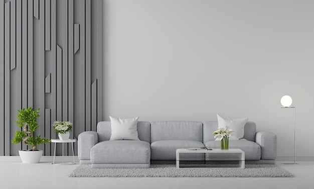 Sofa cinza na sala de estar com espaço para cópias