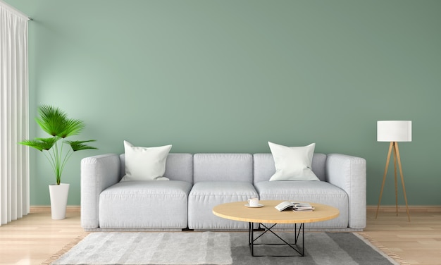 Sofá cinza na sala verde, renderização em 3D