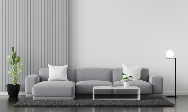 Sofa cinza no interior da sala de estar com espaço para cópias