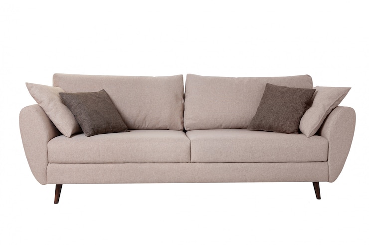 Foto sofá cinzento moderno da tela com os descansos isolados no branco.