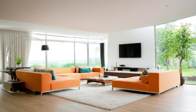 Foto sofá con cojines y mesa de vidrio