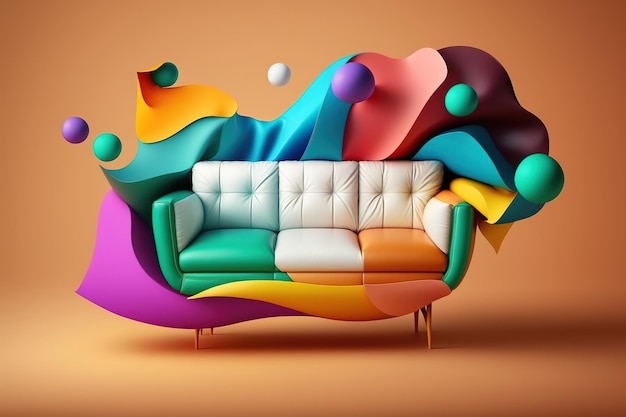 Un sofá colorido con un fondo colorido.