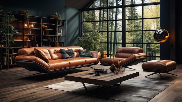 Sofá cómodo de diseño de lujo moderno, silla elegante y mesa de madera, sofá de cuero