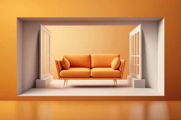 Sofá contemporâneo com pano de fundo laranja suave sem fim O fundo é uma ideia aerodinâmica vazia com uma perspectiva frontal