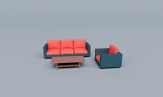 Sofá cor-de-rosa da sala de estar com renderização 3d de mesa pequena em fundo de cor Mischka
