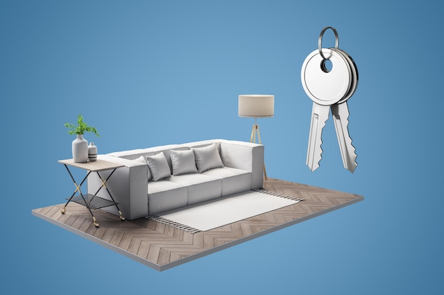 Sofá creativo y fragmento de sala de estar sobre fondo azul con llaves plateadas Hipoteca y concepto de compra de casa Representación 3D