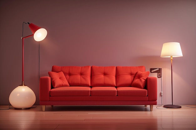 Sofá cuadrado rojo realista con espacio para copiar la pared interior de la lámpara