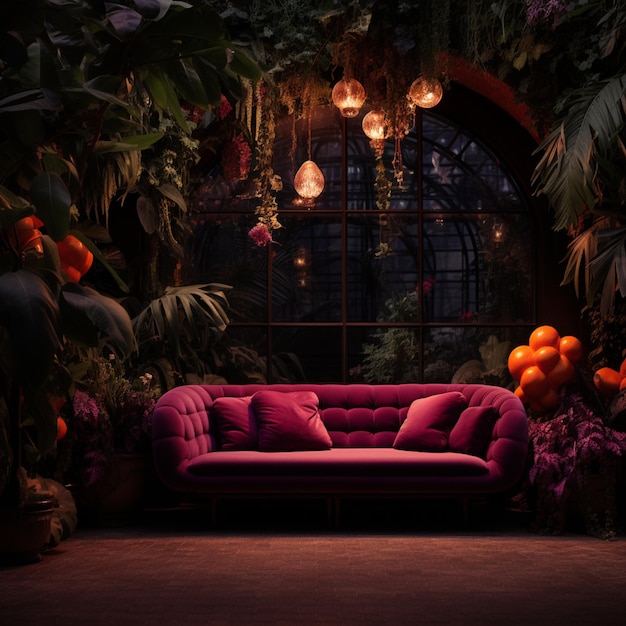 sofá en un cuarto oscuro con plantas y flores generativas ai