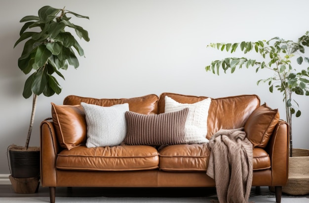 Foto sofá de cuero con almohadas de lanzamiento y una planta en la parte superior