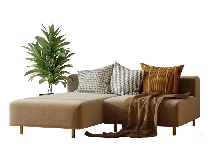 Sofa de cuero con almohadas y plantas aisladas renderización 3D