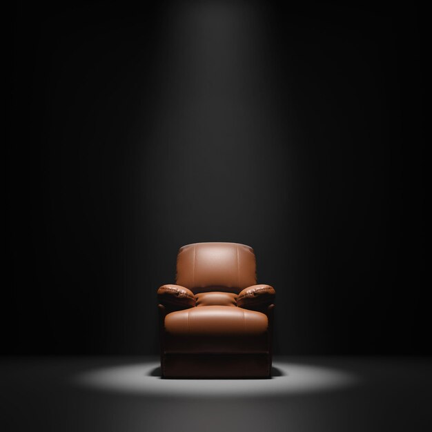 Sofa de cuero Asiento frente a la pared negra con renderizado 3D apretado