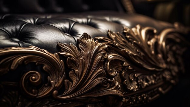 Un sofá de cuero dorado con un diseño floral.