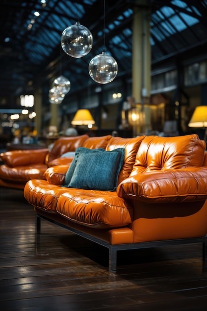 Sofá de cuero marrón en el apartamento Interior clásico moderno con sofá elegante