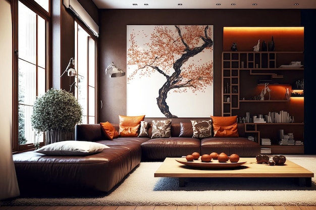 Foto sofá de cuero marrón con decoración moderna en el salón japonés