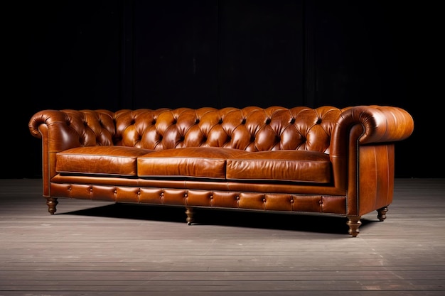 Sofá de cuero marrón sentado en la parte superior del piso de madera junto a la pared negra IA generativa