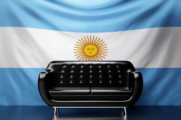 Sofá de cuero negro con la bandera nacional de Argentina al fondo