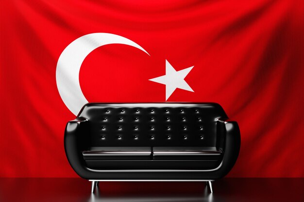 Sofá de cuero negro con la bandera nacional de Turquía al fondo