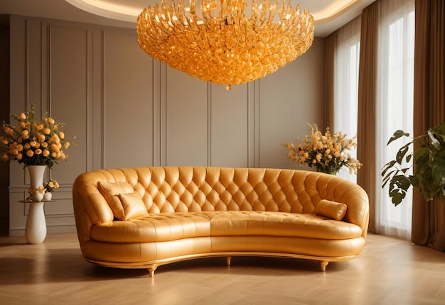 Foto un sofá curvo y hinchado en una habitación espaciosa con una lámpara de alumbrado frente al sofá y un jarrón de flores.