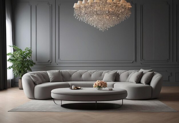 Un sofá curvo y hinchado en una habitación espaciosa con una lámpara de alumbrado frente al sofá y un jarrón de flores.