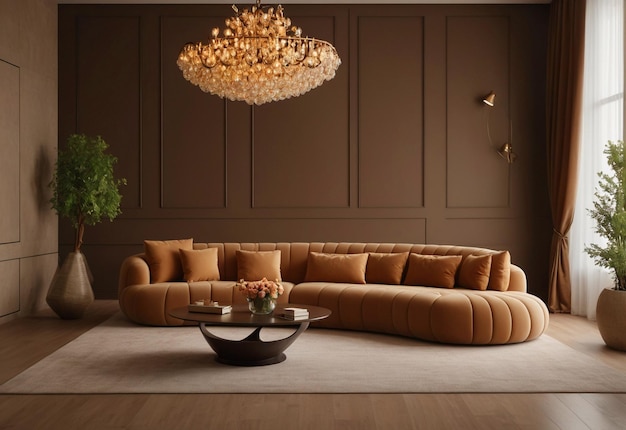 Un sofá curvo y hinchado en una habitación espaciosa con una lámpara de alumbrado frente al sofá y un jarrón de flores.