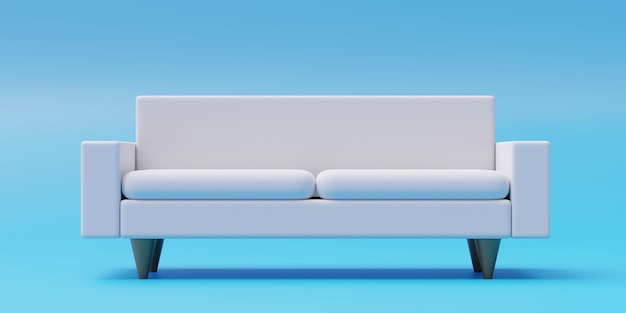 Sofá de assento duplo branco isolado em fundo azul Vista frontal da mobília com renderização 3d do apoio de braço