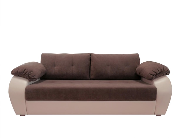 Sofá de camurça marrom escuro com almofadas isoladas em um fundo branco