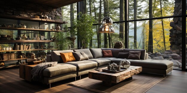 Sofa de canto bege contra grandes janelas Design interior minimalista de sala de estar moderna em casa de campo na floresta