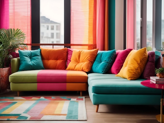 Sofa de canto colorido em apartamento Design interior de estilo pop art sala de estar colorida
