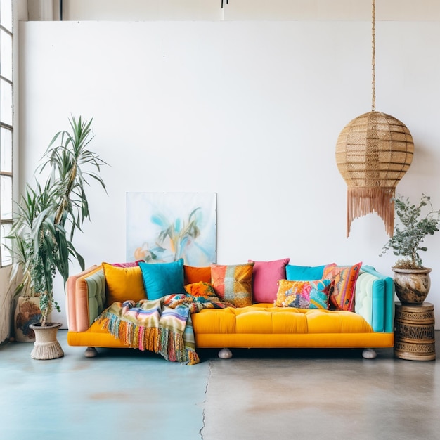sofá de cores brilhantes em uma sala brilhante com uma grande janela generativa ai