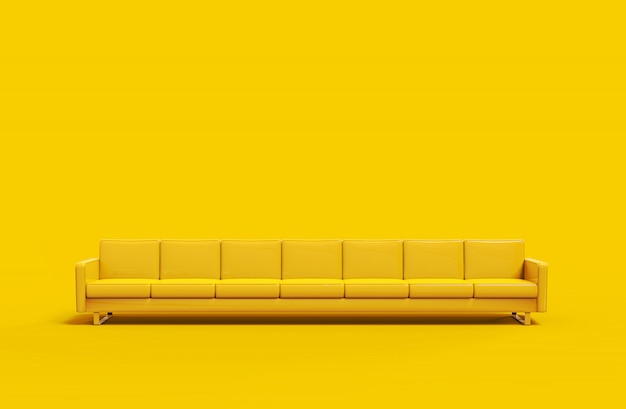 Sofá de couro amarelo extremamente longo isolado em fundo amarelo. Renderização em 3d