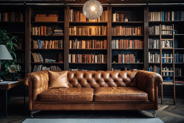 Sofa de couro castanho em sala de estar moderna com decoração doméstica cercada por estantes cheias de col