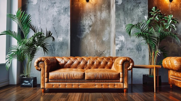 Sofa de couro de sala de estar vintage e móveis clássicos de estilo retro com conforto moderno