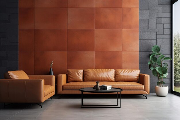 Sofá de couro de terracota com parede de painel 3d de azulejo de pedra Design moderno de interiores de sala de estar