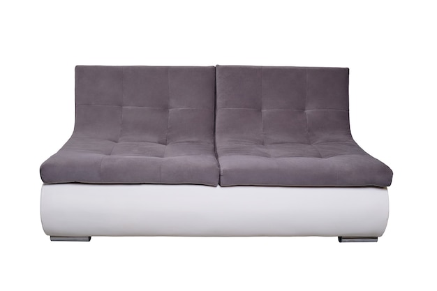 Sofá de couro moderno com almofadas de tecido cinza isoladas, vista frontal. sofá contemporâneo, móveis em estilo minimalista, interior, design doméstico