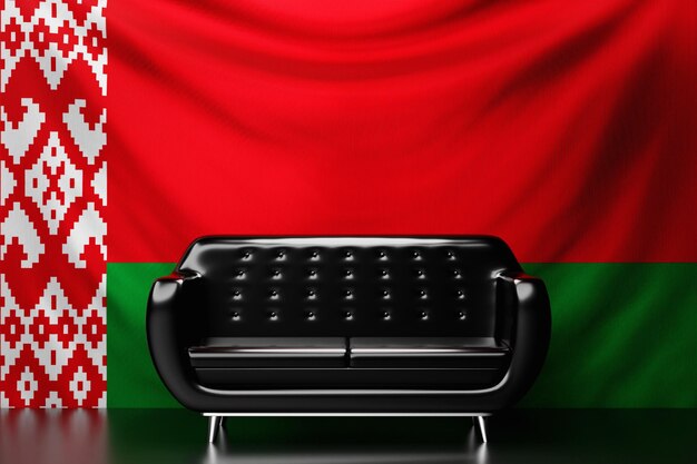 Sofá de couro preto com a bandeira nacional da Bielorrússia ao fundo