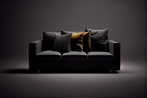 Sofá de couro preto moderno com almofadas em backgroundgenerative ai escuro