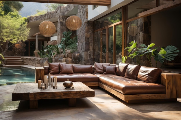 Sofá de couro terracota em quarto minimalista com piscina em vista do pátio Design de interiores