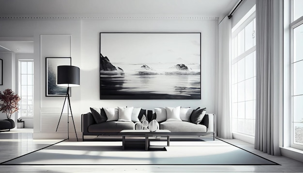 Sofá de design de interiores moderno na sala de estar com móveis de cadeiras perto de janelas