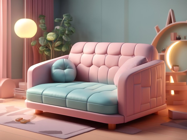Foto sofá de iluminação suave, isométrico e fofo minúsculo