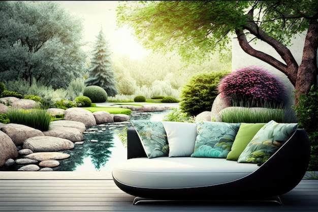 Sofá de jardim ao ar livre com chaise longue no pátio moderno criado com ai generativo