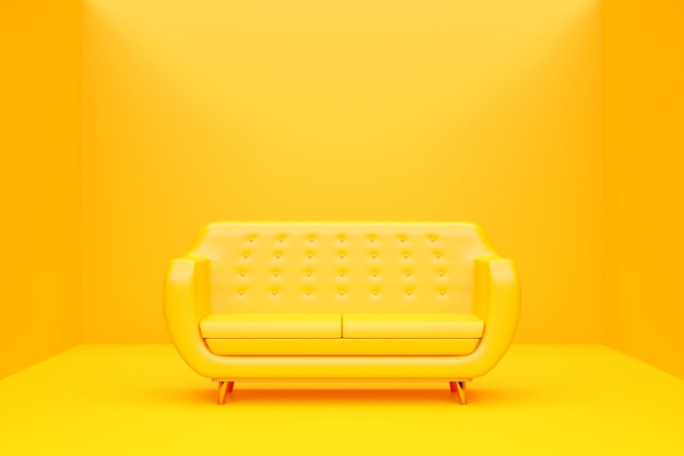 Sofá de luxo amarelo para sala de estar moderna ou sala de estar com um objeto em ilustração 3D de design realista de sala monocromática