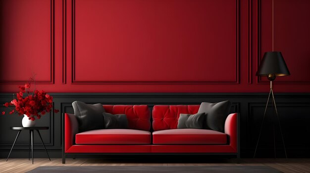 Foto sofá de luxo de cor vermelha interior moderna em uma sala de estar de paredes pretas com decoração simulada