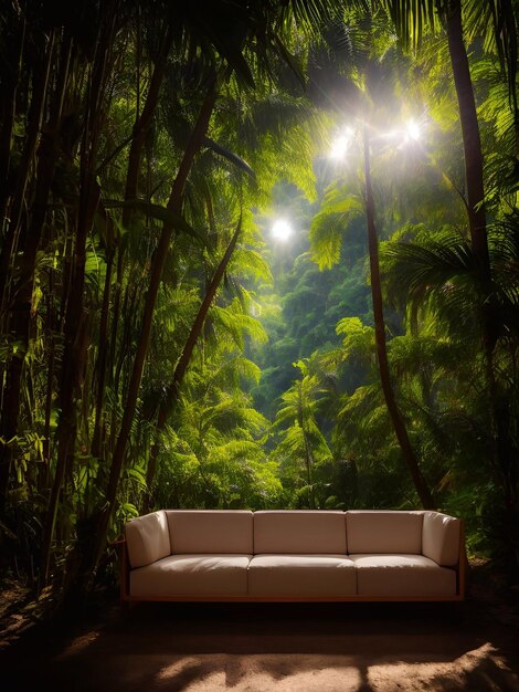 Foto sofá de luxo na floresta tropical luz do dia cinematic generative ai ilustração