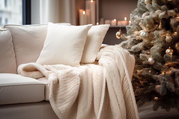 Sofa de marfim com arremesso aconchegante perto da árvore de Natal em design de interiores de inverno Hygge