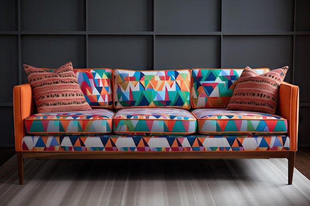 Sofá de meados do século com padrão geométrico e almofadas em cores vibrantes