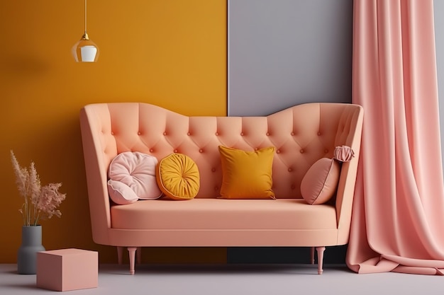 Sofá de pano de cor laranja em um ambiente rosa pálido