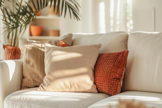 Sofa de tecido bege com travesseiros de terracota Sala de estar moderna em estilo boho IA geradora